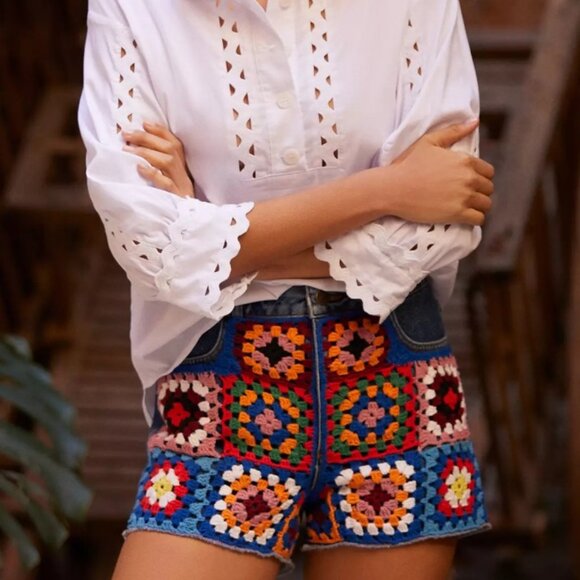 Farm Rio Multicolored High Rise Crochet Denim Shorts - Picture 1 of 6